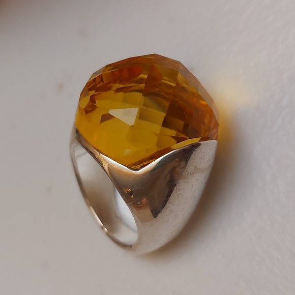 Jewelry - Vtg Chunky Faceted Citrine Colored Glass Silver Tone Ring Size 8.75
